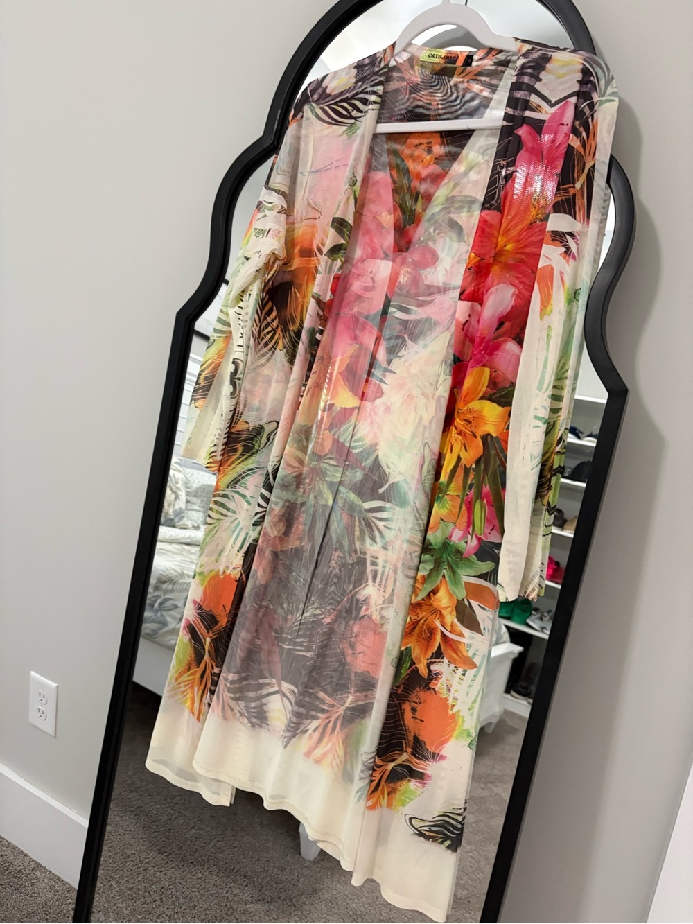 Floral Sheer Kimono Cover-Up - Pink Orange Green
